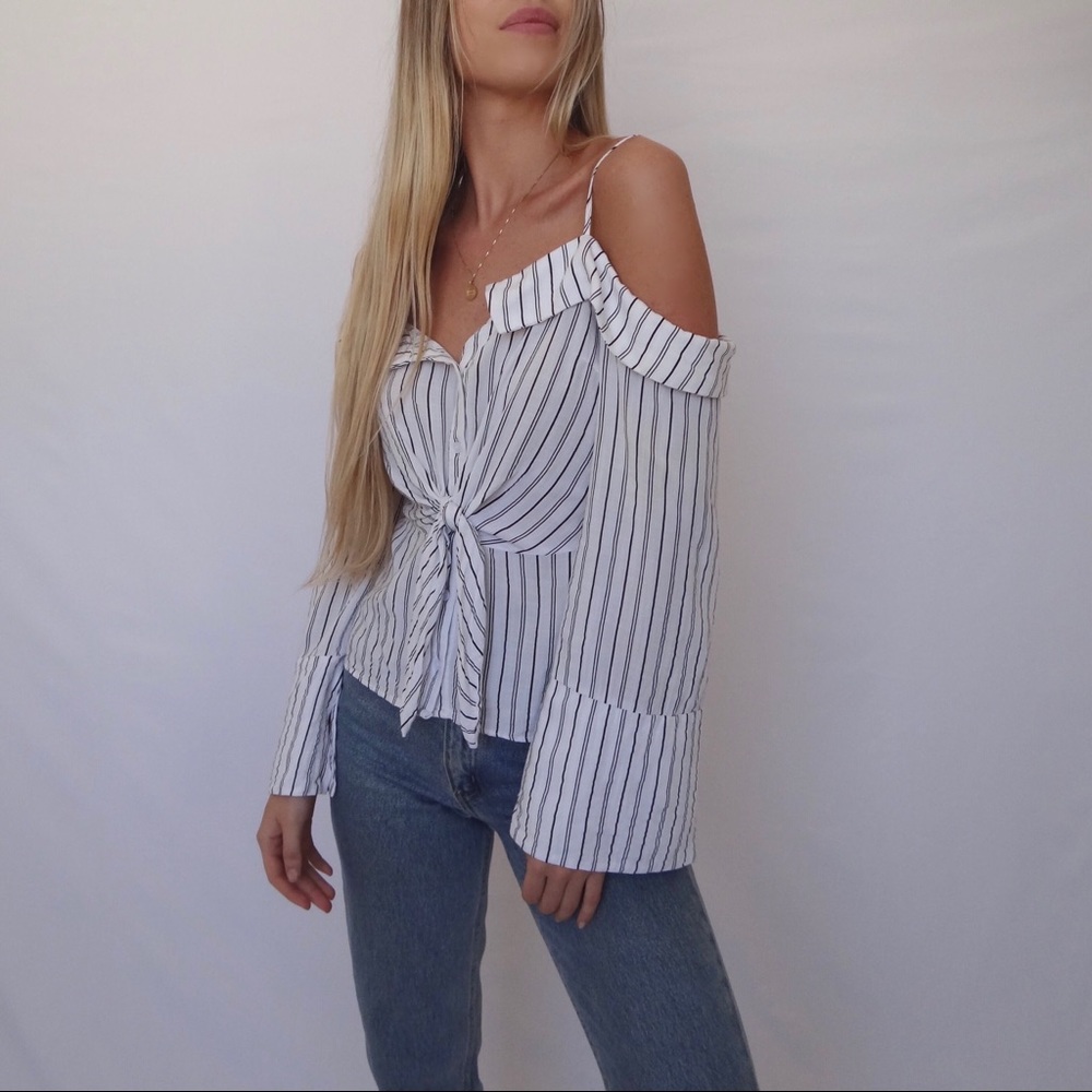 Lush Stripe Tie Waist Off The Shoulder Shirt